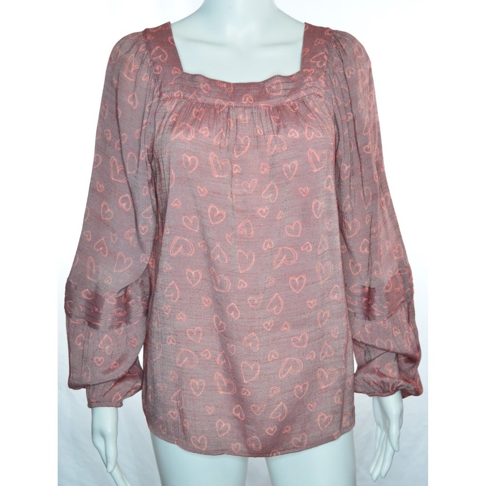 LC Lauren Conrad Square Neck Hearts Print Balloon Sleeve Blouse Mauve Pink Sz M